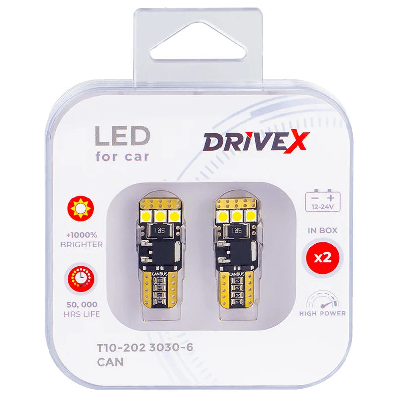 DriveX T10-202 W5W 3030-6 9–48V 6000K — комплект